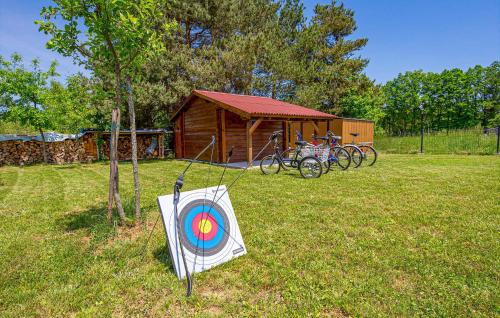 a target in the grass in front of a cabin at Awesome Home In Gospic With Wifi in Gospić