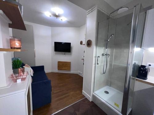 La salle de bains est pourvue d'une douche et d'un canapé bleu. dans l'établissement Trocadéro Eiffel Tour - refurbished furnished flat, à Paris
