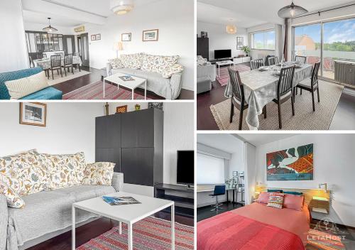 un collage de quatre photos d'un salon et d'une salle à manger dans l'établissement Vue dégagée, Cuisine moderne et WIFI, à Strasbourg