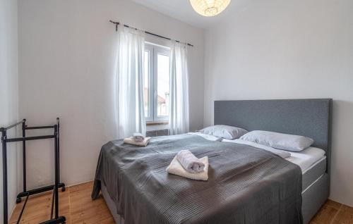 a bedroom with a large bed with towels on it at 3 Bedroom Cozy Home In Zminj in Žminj
