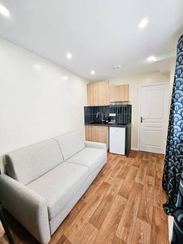 un salon avec un canapé et une cuisine dans l'établissement Studio Moderne et confortable au coeur de Cambrai, à Cambrai