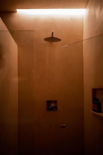 a room with a shower with a light on the ceiling at Casa Antonieta in Oaxaca City