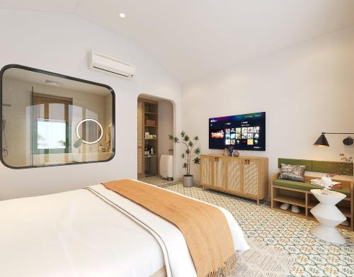 a bedroom with a bed and a large mirror at Plum Village Moc Chau in Mộc Châu