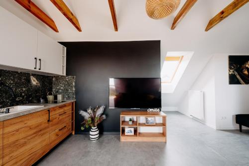 a kitchen with a sink and a tv on a wall at Widokowy 2 in Sandomierz