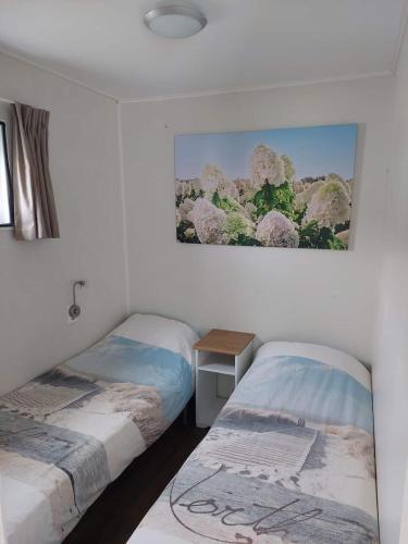 a bedroom with two beds and a picture on the wall at Eldorado aan Zee in Petten