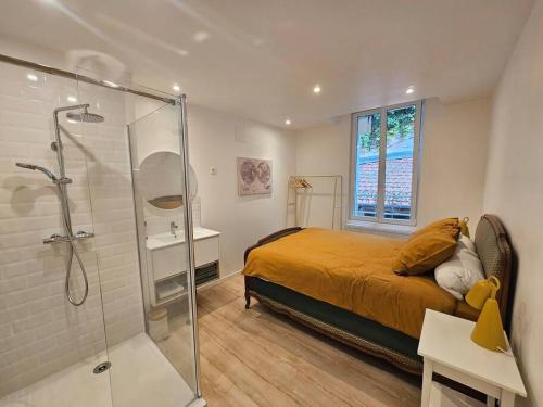 a bedroom with a bed and a glass shower at Maison avec garage et terrasse quartier historique in Épinal