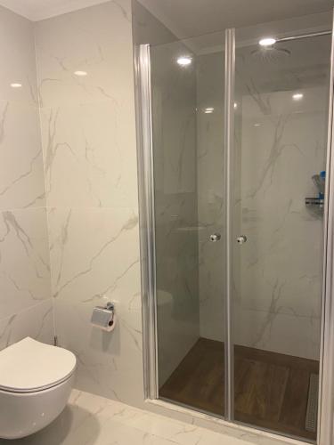 a bathroom with a shower and a toilet at GRAND SAPPHIRE HOTEL CASINO and RESIDENTS 1 Bedroom Suit with Superior Sea View and Free Internet in Áyios Yeórgios