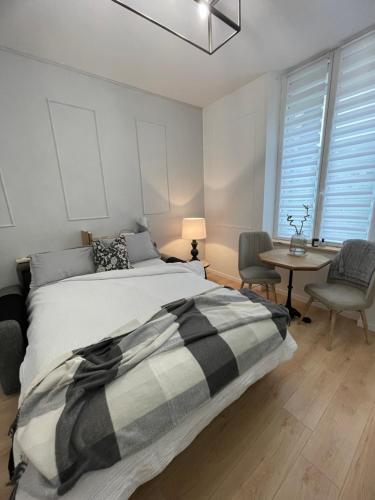 une chambre avec un lit et une table avec des chaises dans l'établissement Appartement champenois centre-ville, à Reims