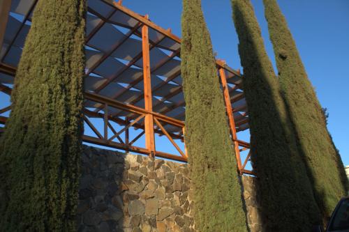 a group of cypress trees in front of a building at Casa Ciprés in Valle de Guadalupe