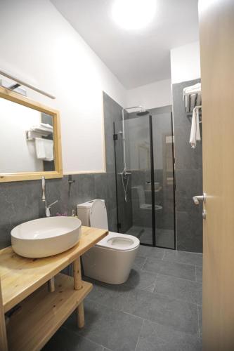 a bathroom with a toilet and a sink and a shower at Nidum Harmony in Tirana