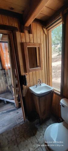 a bathroom with a sink and a toilet at Cabaña en el Bosque de San José del Pacífico 3 in El Pacífico