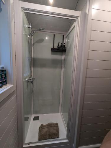 a shower with a glass door in a bathroom at BluePigeons Pods Roag Dunvegan in Lonmore