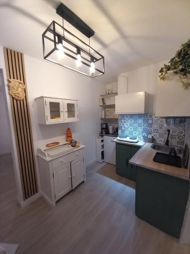 une cuisine avec des armoires et des appareils blancs et verts dans l'établissement Studio Emmé neuf indépendant Nice Centre, à Nice