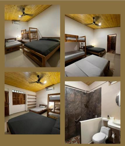 a collage of four pictures of a bedroom with beds at Cabaña OtraParte in Rincón