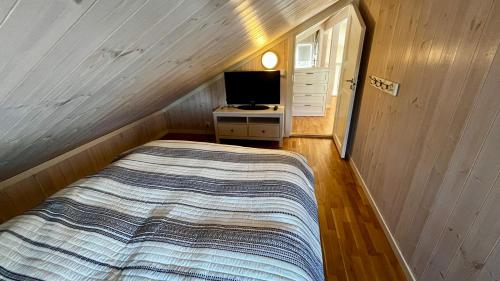 a small bedroom with a bed and a tv at Modern cabin, great view, sunny, 2BA, 4BR in Hemsedal
