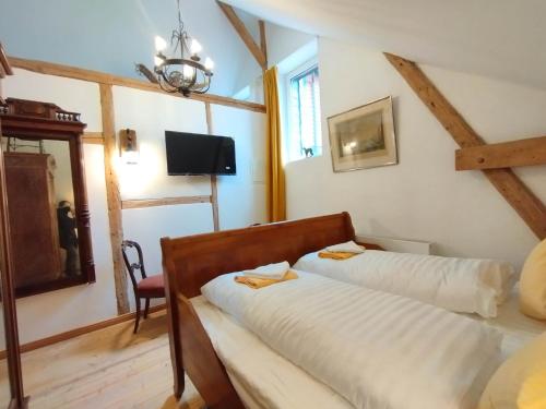 a bedroom with two beds and a tv in it at Unik Villa Brunnen Blick mit offenem Dachstuhl in Sankt Andreasberg