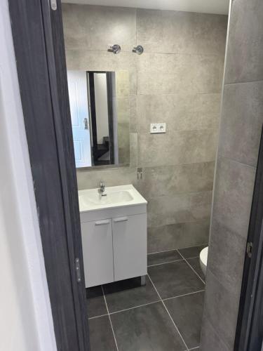 a bathroom with a sink and a mirror and a toilet at Duplex TH Sanse Norte in San Sebastián de los Reyes
