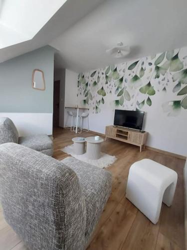 un salon avec deux canapés et une télévision dans l'établissement appart proche plage jacuzzi, à Camiers