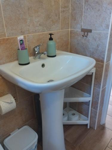 a bathroom with a white sink in a bathroom at Casa Azul Mountain Retreat in Vega de San Mateo
