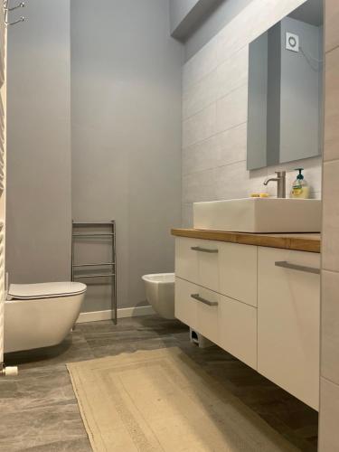 a bathroom with a tub and a toilet and a sink at Appartamento del vicolo in Brescia