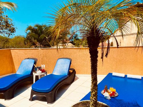 two blue chairs and a palm tree on a patio at Villa Baobá Pousada & Spa in Búzios