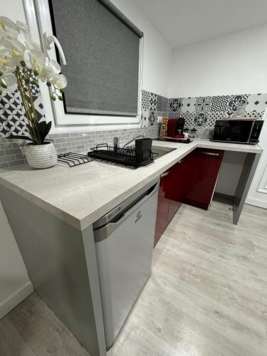 une cuisine avec un évier et un plan de travail dans l'établissement Studio neuf Bruges, centre-ville, à Bruges