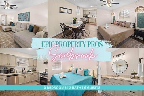 a collage of photos of a bedroom and a living room at Cozy and Stylish 3-Bedroom Sanctuary in Seabrook