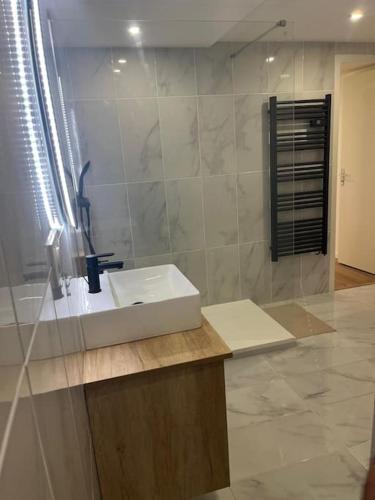 une salle de bain avec un lavabo et un miroir dans l'établissement Hébergement - Limonest, à Limonest