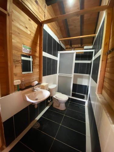a bathroom with a toilet and a sink at Ecohotel La Italia- Hotel Venecia, Antioquia in Venecia