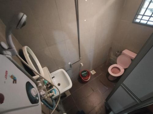 a small bathroom with a pink toilet and a sink at Jassha Homestay in Parit Raja