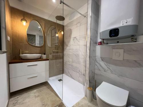 une salle de bain avec toilettes, lavabo et douche dans l'établissement Le Merveilleux Voyage, Clim, à Carcassonne