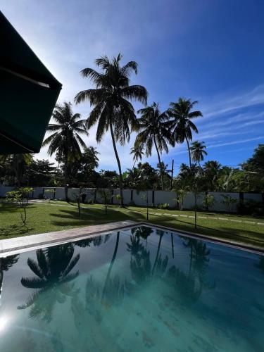 a swimming pool with palm trees in the background at Cozy Villa in Hikkaduwa