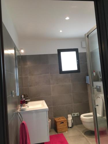 une salle de bain avec un lavabo et des toilettes et une fenêtre dans l'établissement Villa jardin tropical, à Afa