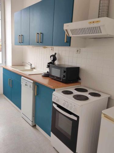 La cuisine est équipée de placards bleus, d'une cuisinière et d'un four micro-ondes. dans l'établissement Appartement plein de charme - Centre Bar-Sur-Aube, à Bar-sur-Aube