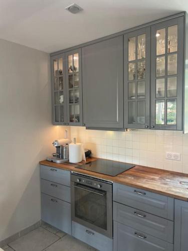 une cuisine avec des placards gris et un comptoir dans l'établissement Villa, à Antibes