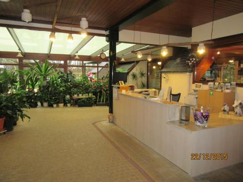 a restaurant with a counter and potted plants at Hotel De Watermolen in Bocholt