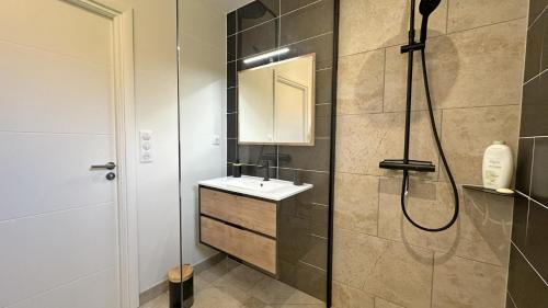 ein Badezimmer mit Waschbecken und Dusche in der Unterkunft La maison neuve in Veyrac