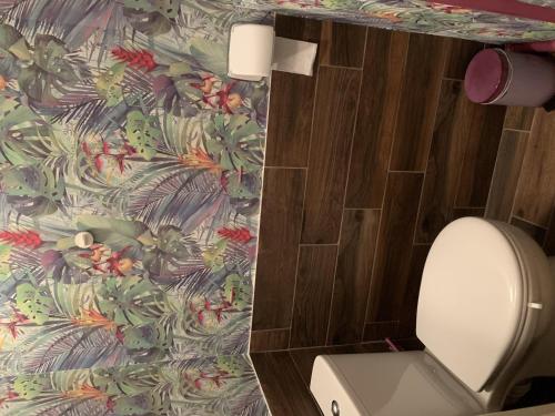 a bathroom with a toilet with a tropical wallpaper at Appartement proche Thermes Saint Roch avec wifi et animaux admis - FR-1-541-134 in La Roche-Posay