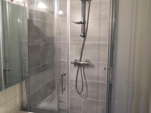 une douche dans une salle de bain avec une porte vitrée dans l'établissement Appartement meublé avec balcon - Animaux admis, WiFi - FR-1-541-146, à La Roche-Posay