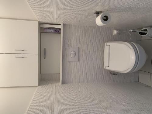a bathroom with a toilet paper dispenser on the wall at Appartement tout confort avec WIFI, lave-linge et lave-vaisselle - FR-1-541-136 in La Roche-Posay