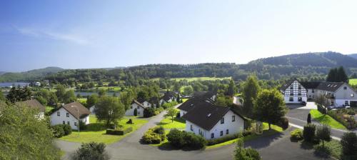 an aerial view of a village with houses and trees at Ferienpark Rursee in Simmerath