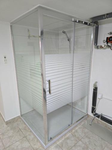 a glass shower stall in a bathroom with at Ubytování Stračenská in Štětí