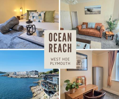 a collage of pictures of a hotel room with a view of the water at Plymouth Hoe Central * Free Parking * Ocean Reach in Plymouth