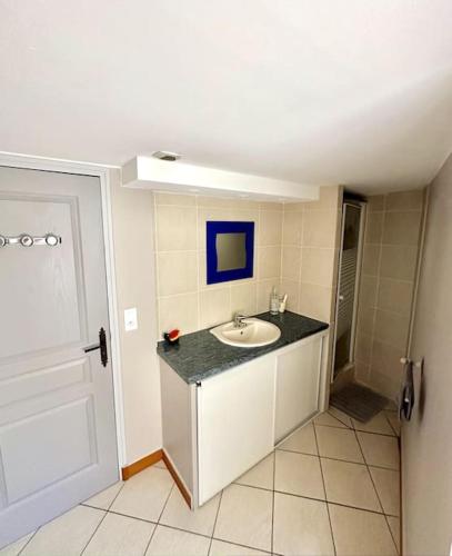 une petite salle de bain avec un lavabo et une douche dans l'établissement Maison entre Rennes et St-Malo, à Saint-Pierre-de-Plesguen