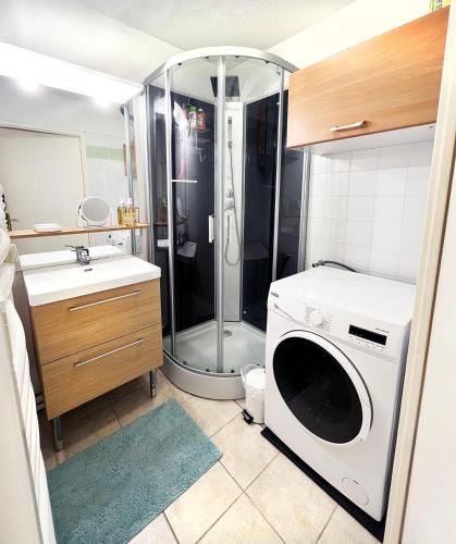 une salle de bain avec douche et machine à laver dans l'établissement Les boucaniers, à Berck-sur-Mer