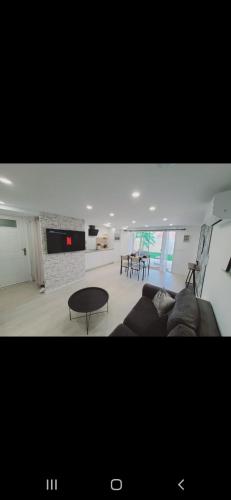 un salon avec un canapé et une table dans l'établissement Logement 4 voyageurs, à Céret