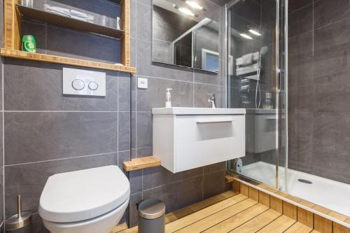 une salle de bain avec toilettes, lavabo et douche dans l'établissement Appartement 2 pièces confortable, à Paris