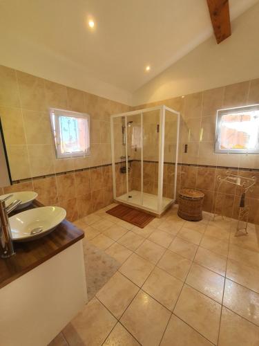 une grande salle de bain avec douche et lavabo dans l'établissement Villa proche de la plage, à La Londe-les-Maures