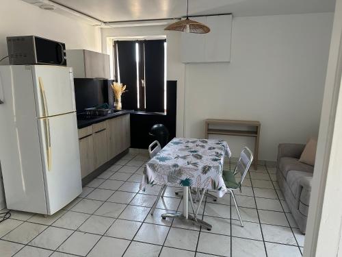 una piccola cucina con tavolo e frigorifero di Gîte a Les Roches-de-Condrieu