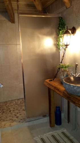 une salle de bain avec un lavabo et une douche dans l'établissement Maison Hobbit Piscine, Spa et Hammam proche des Gorges de l'Aveyron, à Lavaurette